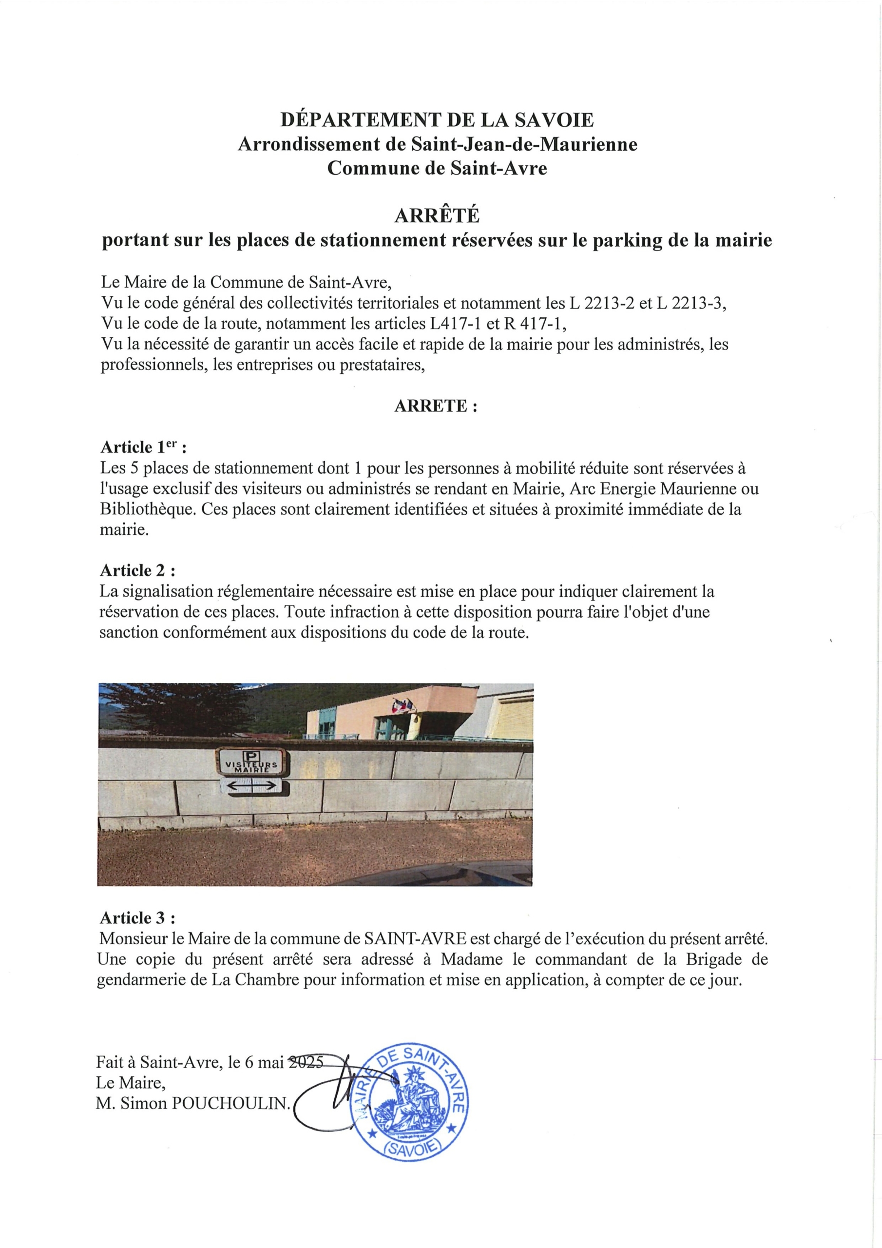 Arrêté Places de stationnements